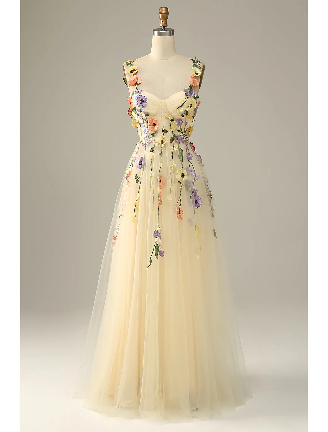 Wholesale  A-Line Wedding Guest Dresses Floral Dress Holiday Prom Floor Length Sleeveless Spaghetti Strap Tulle with Appliques